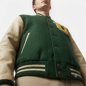 <b>Men's</b> Green Varsity <b>Jacket</b> With Cream Leather Sleeves Embroidered <b>Letter</b> Logo Turn-down Collar Autumn Preppy Style - Product Image 3