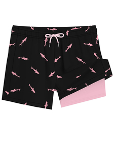 Short de bain pour homme noir et rose à imprimé requin avec cordon de serrage et taille élastique - Product Image 1