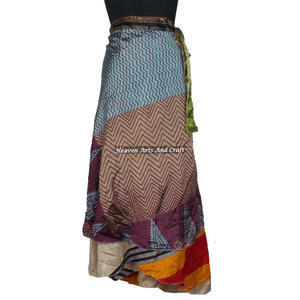 Recycled Silk Saris <b>Sarongs</b> Skirts Flex-<b>Wraps</b> Skirts Online Women Wear Vintage Silk Sari Long Length <b>Wrap</b> Around Skirt 2 Layer - Product Image 3