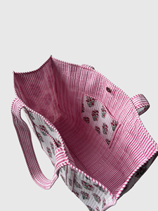 Sac fourre-tout en coton brodé de fleurs avec rayures roses, ouverture supérieure, sac de shopping pour femmes, utilisation toutes saisons - Product Image 5