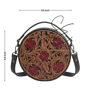 Bohemian Round Genuine Leather <b>Shoulder</b> Bag With Floral Tooling Red Flowers Black <b>Strap</b> Women's Crossbody Bag - Product Image 3