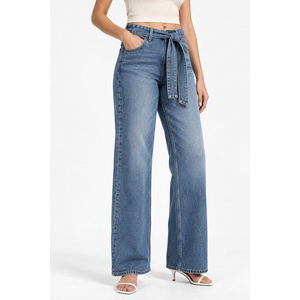 Jean en denim pour femme taille mi-haute à jambe large avec ceinture détachable – Bleu vintage coupe décontractée XL délavé foncé - Product Image 3