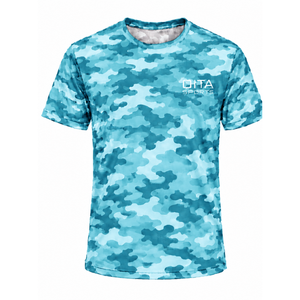 T-shirt Aqua Camo pour hommes, manches courtes, col rond, imprimé camouflage, entraînement athlétique, fitness, course à pied, vêtements de sport performants - Product Image 1