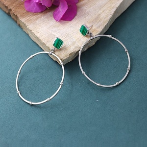 Natural Malachite Stone Cushion Hoop Drop <b>Earrings</b> for Women <b>Silver</b> Plated Beaded Open Circle Statement <b>Dangle</b> <b>Earrings</b> - Product Image 2