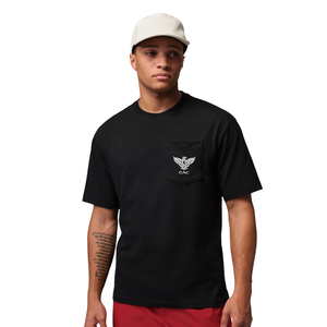 Camiseta de algodón grueso negra para hombre, cuello redondo, con bolsillo, manga corta, informal, holgada, con estampado, suave, para verano, para el día a día - Product Image 1