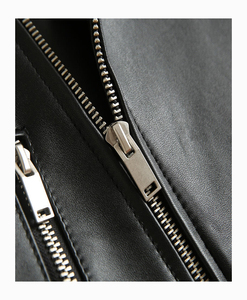 Women's Black Genuine Leather Moto Jacket Full Sleeve <b>Zipper</b> Closure Stand Collar Autumn Style - Product Image 6