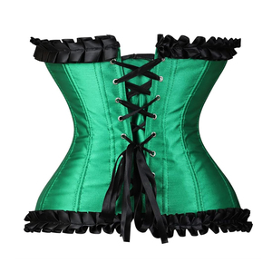 Women's Green Satin <b>Corset</b> Bustier Top with Black Ruffle Trim Bow and Front Hook Eye Closure - Product Image 2