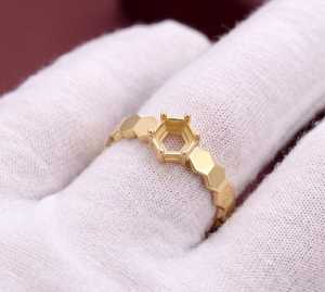 Bague semi-montée en argent sterling 925 avec pierre précieuse hexagonale, monture géométrique nid d'abeille, support de bague vierge en vermeil doré - Product Image 6
