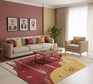 Alfombra Gabbeh de algodón anudada a mano de lujo-Alfombra lavable moderna floral amarilla roja - Product Image 1