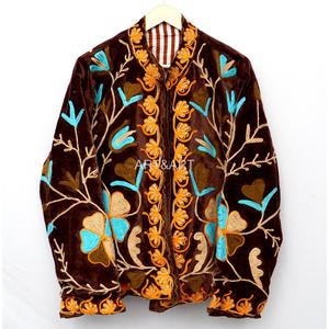 Premium ART&ART Indian Handmade Embroidered Eco-Friendly Quick Dry Floral <b>Velvet</b> Jacket Unisex Cotton Stripe Winter New - Product Image 5