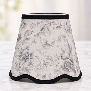 Premium Cotton Floral <b>Lampshade</b> | Vintage <b>Grey</b> & White Botanical Printed Fabric Shade with Scalloped Wave Edge & Black Trim - Product Image 4