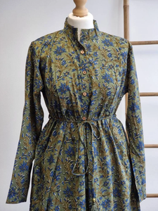 Pur coton mi-longueur vert robe florale élégant confortable indien bloc imprimé respirant bouton décontracté pour les vêtements de jour d'été - Product Image 3