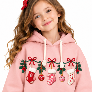 Sweat-shirt à capuche en polaire rose pour filles, motif dessin animé de Noël, décontracté, avec nœud, pour enfants, hiver, fêtes, OEM ODM, vente en gros - Product Image 2