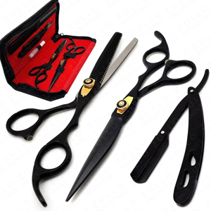 Ensemble de ciseaux de coiffure et de ciseaux à effiler en acier inoxydable de qualité supérieure avec rasoir droit – Outils de barbier et de salon - Product Image 2