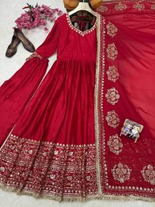 Latest and elegant Chiffon zari and Thread Work <b>Boat</b> Neck Sleeveless Flared Hem <b>Floor</b> Touch Party Wear Anarkali Dress for Women - Product Image 6