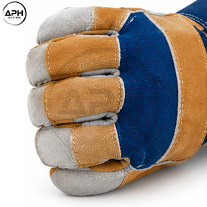 Gants de travail en cuir sur mesure de qualité supérieure, dos en toile bleue, paume bronzée, doigts gris, gants complets à doigts entiers, manchette large - Product Image 6