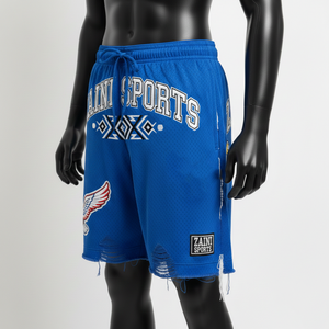 Shorts de malla de poliéster premium azules, transpirables, de secado rápido, con dobladillo desgastado, parche bordado, logotipo personalizado, shorts para mujer - Product Image 1