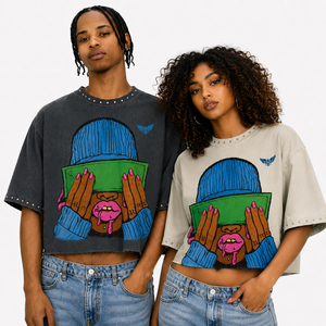 Camiseta Corta con Estampado Vintage para Hombre y Mujer, Estilo Urbano Holgado, Algodón Lavado, Top Informal a la Moda - Product Image 1
