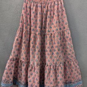 Elegant Blush Pink Floral Tiered Long <b>Skirt</b> for <b>Women</b> Handcrafted Cotton <b>Maxi</b> <b>Skirt</b> with Elastic Waist Traditional Block Print - Product Image 1