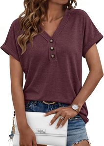 T-shirts à manches courtes et col en V pour femmes, hauts décontractés et élégants pour l'été, style Henley, coupe ample, basique, tenue de printemps 2026 - Product Image 5
