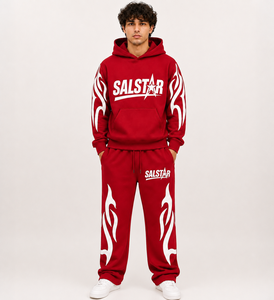 Ensemble de survêtement rouge personnalisé pour hommes, sweat à capuche et pantalon de jogging, imprimé flamme noire, streetwear, vêtements de sport décontractés, tenue 2 pièces - Product Image 3