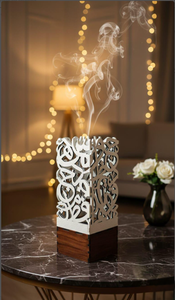 Brûleur à encens moderne en calligraphie arabe avec base en bois, brûleur à encens en métal, porte-charbon pour oud, décoration d'intérieur, décoration arabe pour la maison - Product Image 3