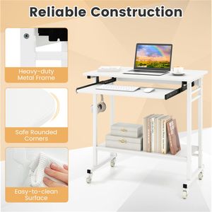 Scrivania Mobile per Computer in MDF Bianco con Vassoio per Tastiera e Ripiano Portaoggetti, Ruote Bloccabili a 360°, Spostabile per Casa, Ufficio e Hotel - Product Image 6