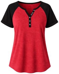 Red Black Women T Shirt Short Sleeve Henley Neck Raglan Tee Soft Cotton Casual Summer <b>Top</b> Breathable Comfortable Daily Wear - Product Image 1