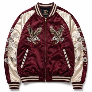 เสื้อแจ็คเก็ตซูกะจังแบบกลับด้านได้ พรีเมียม ขายส่ง สีแดงเบอร์กันดี ผ้าซาติน ปักลายนกอินทรี ของที่ระลึก จากผู้ผลิต - Product Image 2