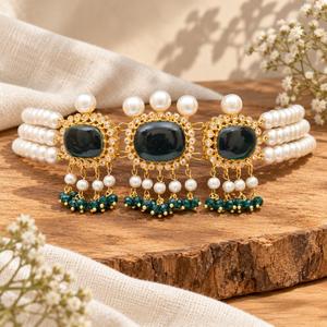 Collar de Perlas Falsas con Piedras Verde Oscuro Chapadas en Oro para Mujer, Joyería Nupcial Pakistaní, Fabricante Mayorista - Product Image 5