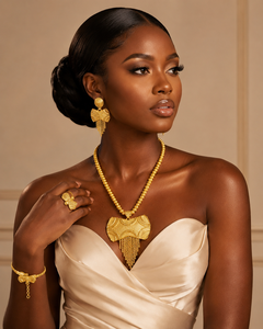 Unique African Gold Plated Pendant <b>Necklace</b> Set for Women Nigerian Bridal Wedding Jewelry with Earrings <b>Ring</b> & Bracelet - Product Image 3