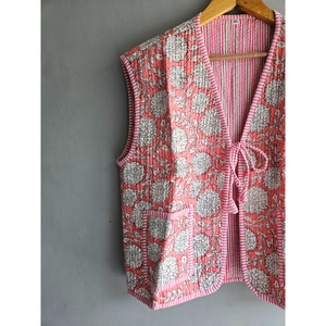 Women's Handmade <b>Floral</b> Quilted Cotton <b>Waistcoat</b> Open Front V-neck Short Jacket Streetwear Outerwear gift for her - Product Image 2
