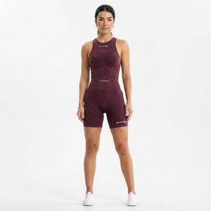 Women Burgundy Acid Wash Yoga Set Sleeveless <b>Crop</b> Tank <b>Top</b> High Waist Biker <b>Shorts</b> Gym Fitness Workout Activewear - Product Image 4