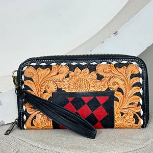 Black & <b>Red</b> Checkered Genuine Leather Luxury Women's <b>Clutch</b> Trending Floral Pattern Multifunctional zipper wallet for Everyday - Product Image 2