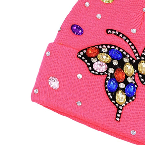 Bonnet en tricot côtelé noir clouté de cristaux, doux et chaud, unisexe, avec logo personnalisé, style casquette de motard, perle, vente en gros - Product Image 4