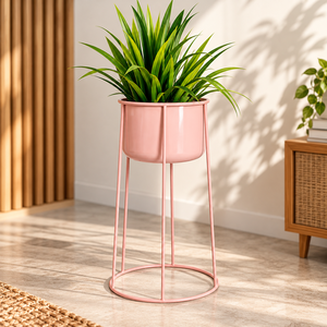 Support de plante moderne en métal rose poudré avec pot de fleurs cylindrique haut et base ronde élégante en fil métallique pour plantes d'intérieur, salon - Product Image 3