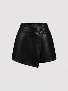 Jupe mini plissée en cuir véritable taille haute pour femme, couleur unie, décoration boutonnée, broderie satinée brillante vintage, toutes saisons - Product Image 1