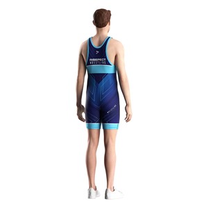 Wrestling Singlet Men One-Piece Fitted Spandex Polyester Stretch Martial Arts Wear <b>Blue</b> Sublimation Print Front Logo - Product Image 2