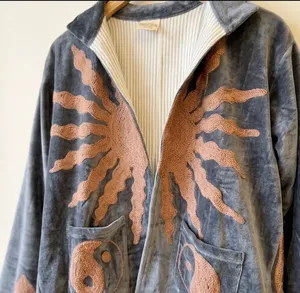 Ethnic Gray <b>Velvet</b> Embroidered Suzani Jacket Sun and Yin Yang Full Sleeve Stand Collar Handmade Bohemian Autumn <b>Women</b> <b>Coat</b> - Product Image 4