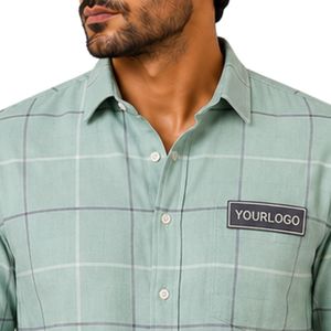 Chemise à manches longues pour homme à carreaux vert menthe, gris et blanc, avec logo personnalisé, boutonnée, en coton, décontractée, vente en gros - Product Image 5