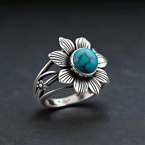 Bague Fleur de Marguerite Turquoise Certifiée IGI Faite à la Main en Argent Sterling 925 Style Bohème Art Déco Cadeau de Festival pour Femme - Product Image 4