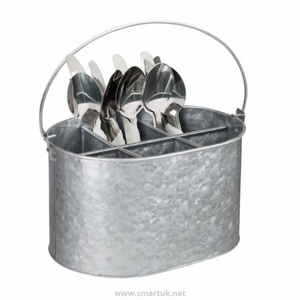 Porte-ustensiles vintage en métal galvanisé à 3 compartiments avec poignée dorée, organisateur de comptoir de cuisine rustique style ferme - Product Image 6