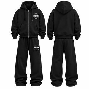 Ensemble de sweat-shirts à capuche zippés surdimensionnés unisexes pour homme et femme, avec logo brodé personnalisé, de haute qualité, en tissu French Terry noir 100% - Product Image 1