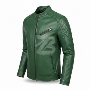 Zarina Wear Men <b>Genuine</b> Leather Jacket Forest Green Quilted Shoulder Biker Moto Stand Collar Zip Up OEM Men's Jackets - Product Image 2
