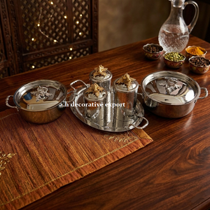 Ensemble de 6 casseroles et récipients décoratifs en acier inoxydable martelé de luxe avec couvercles floraux dorés et argentés, plateau de service pour buffet - Product Image 2