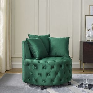 Poltrona Girevole in Velluto per Soggiorno Verde con Design Trapuntato a Bottoni e Ruote Mobili Include 3 Cuscini - Product Image 3