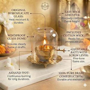 Lampe à huile Akhand Diya de qualité supérieure avec mèche réglable et couvercle en verre pour les activités religieuses, porte-bougie en métal laiton - Product Image 6