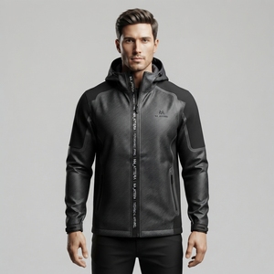 <b>Men</b> Black Gray Hooded Windbreaker <b>Jacket</b> Textured Panel Full Zip Outdoor Sports <b>Running</b> <b>Jacket</b> with Pockets - Product Image 1