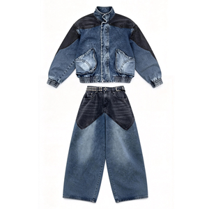 Ensemble deux pièces unisexe en denim de coton style Wasteland, coupe plissée color-block, col rabattu, poids moyen, coupe incurvée - Product Image 1