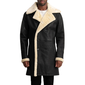 <b>Men's</b> <b>Black</b> Genuine Leather Shearling Notched Lapel Double Breasted Knee Length <b>Overcoat</b> - Product Image 5